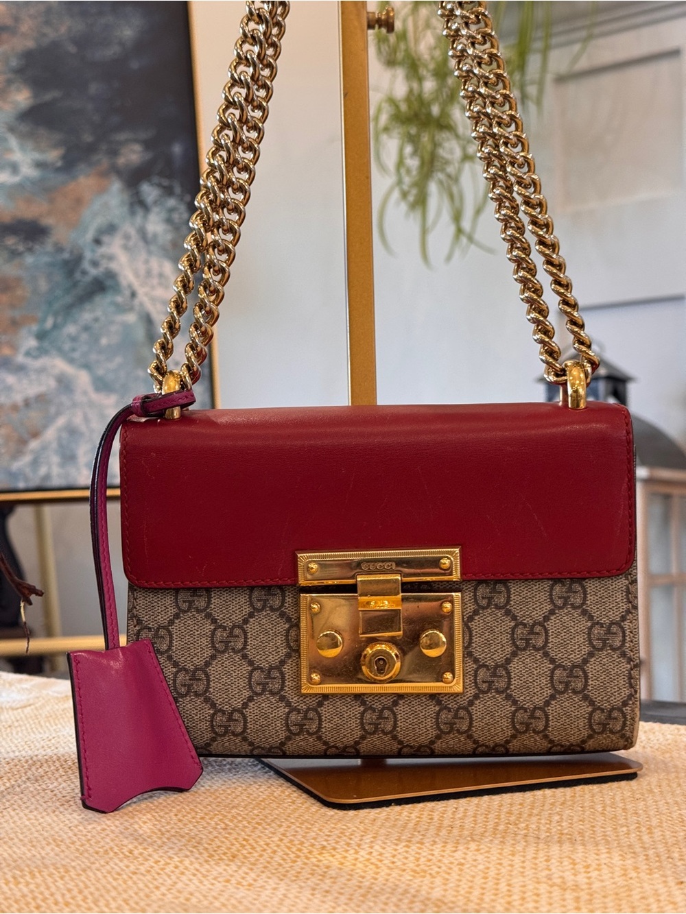 Gucci Red and Beige GG Chain Small Padlock Shoulder Bag - Picture 9 of 15